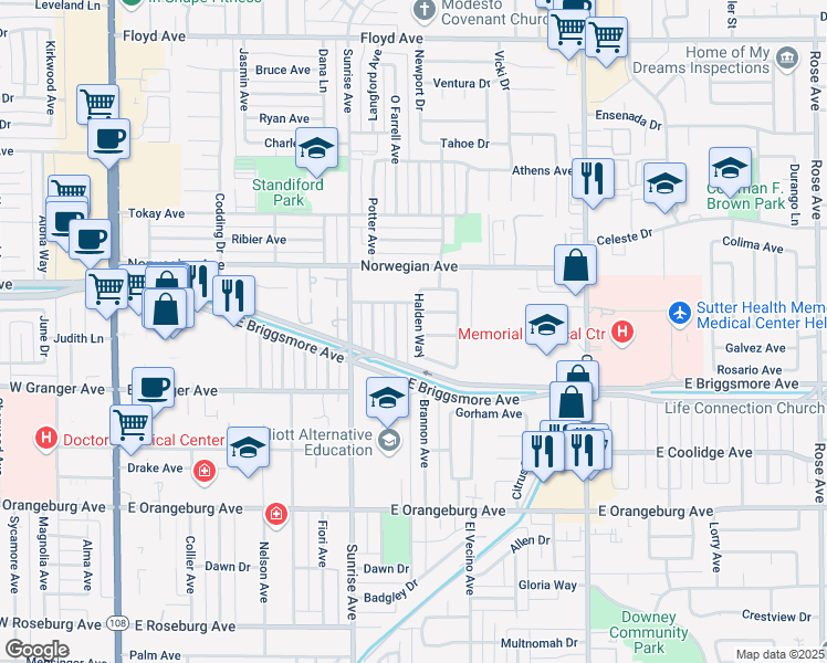 map of restaurants, bars, coffee shops, grocery stores, and more near 1701 Halden Way in Modesto