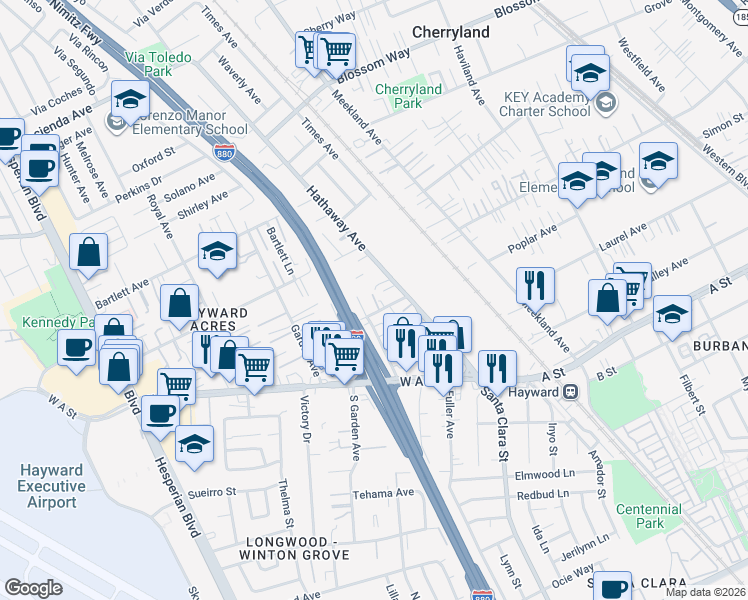 map of restaurants, bars, coffee shops, grocery stores, and more near 305 Lansing Way in Hayward