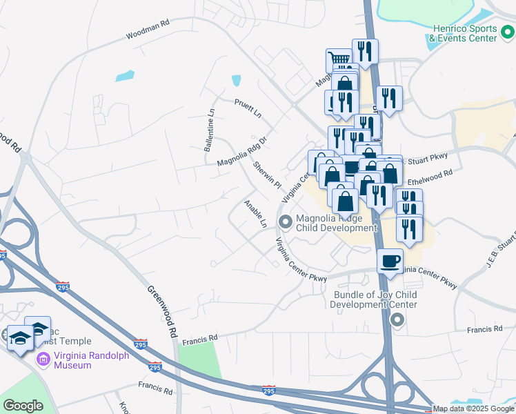 map of restaurants, bars, coffee shops, grocery stores, and more near 10621 Anable Lane in Glen Allen