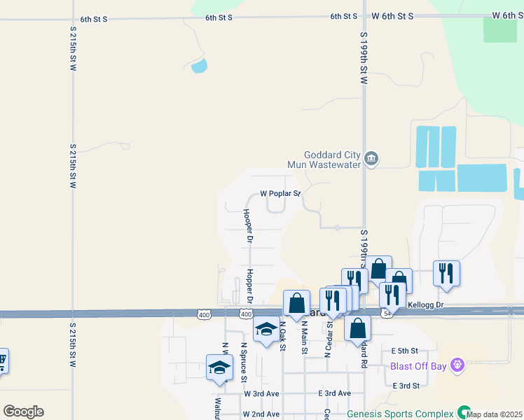 map of restaurants, bars, coffee shops, grocery stores, and more near 1211 North Pine Street in Goddard