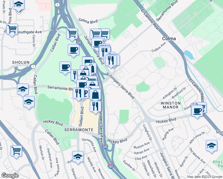 map of restaurants, bars, coffee shops, grocery stores, and more near 332 Philip Drive in Daly City