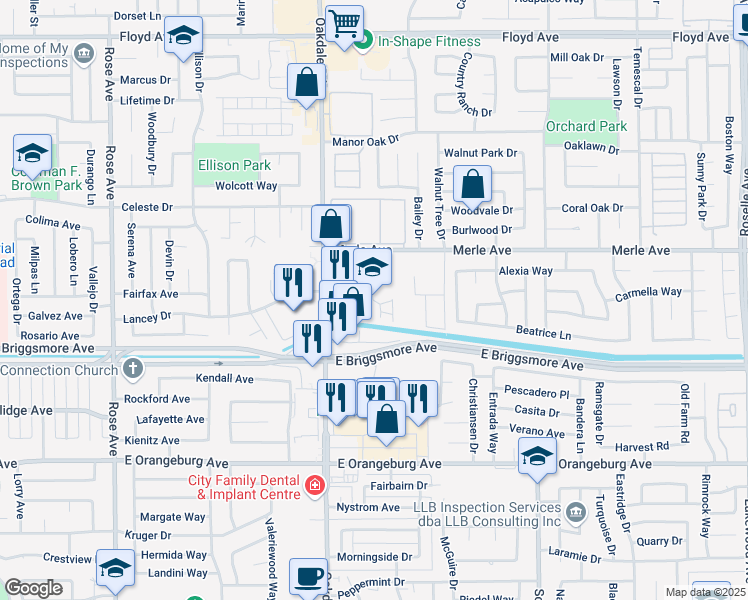 map of restaurants, bars, coffee shops, grocery stores, and more near 1800 Wisdom Way in Modesto