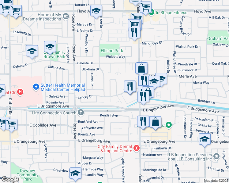 map of restaurants, bars, coffee shops, grocery stores, and more near 1716 Chartwell Place in Modesto