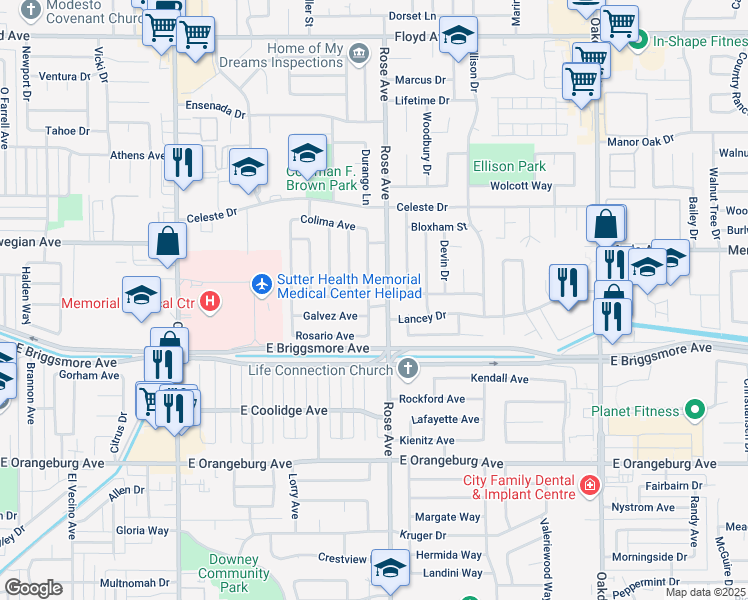 map of restaurants, bars, coffee shops, grocery stores, and more near 800 Vallejo Drive in Modesto