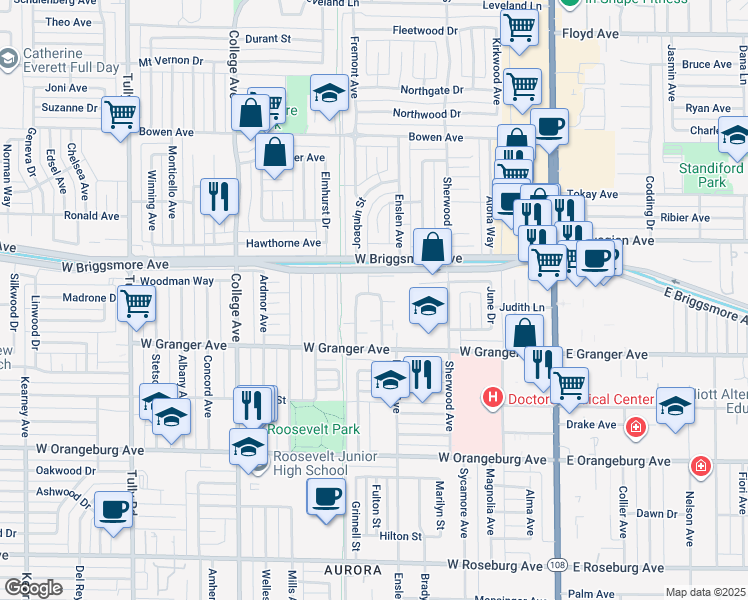 map of restaurants, bars, coffee shops, grocery stores, and more near 98 Calle De Rosas in Modesto