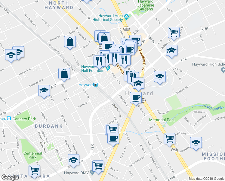 map of restaurants, bars, coffee shops, grocery stores, and more near 610 Atherton Place in Hayward