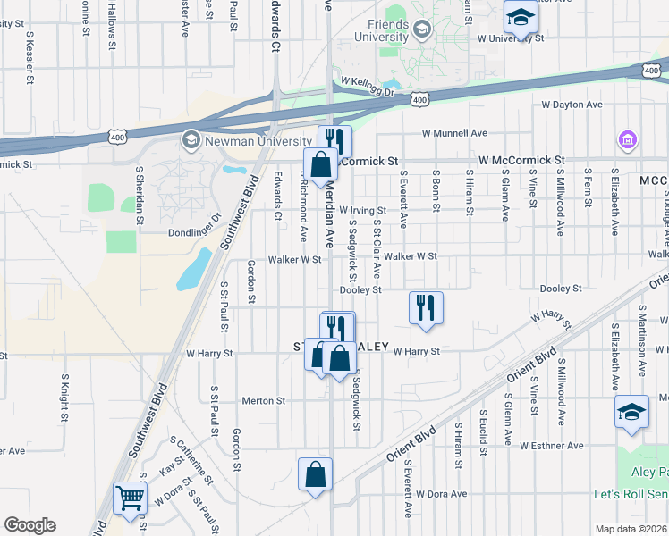 map of restaurants, bars, coffee shops, grocery stores, and more near 2451-2499 Walker West Street in Wichita