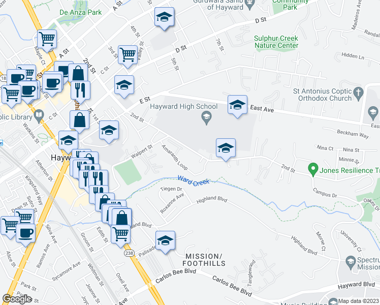 map of restaurants, bars, coffee shops, grocery stores, and more near 24261 2nd Street in Hayward