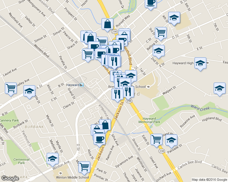 map of restaurants, bars, coffee shops, grocery stores, and more near 22821 California 185 in Hayward