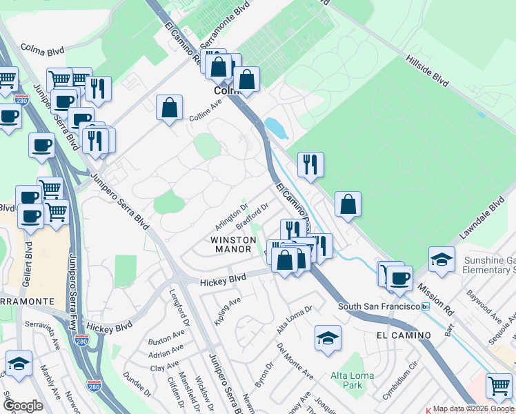 map of restaurants, bars, coffee shops, grocery stores, and more near 14 Bradford Drive in South San Francisco