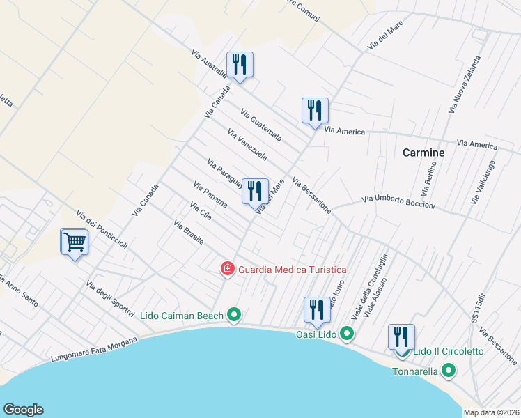 map of restaurants, bars, coffee shops, grocery stores, and more near 245 Via del Mare in Mazara del Vallo