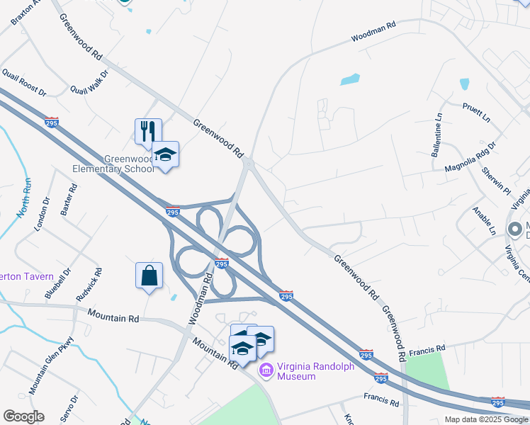 map of restaurants, bars, coffee shops, grocery stores, and more near 10810 Greenwood Road in Glen Allen