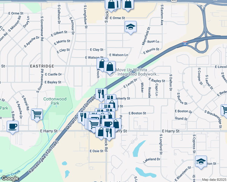 map of restaurants, bars, coffee shops, grocery stores, and more near 8018 East Levitt Drive in Wichita