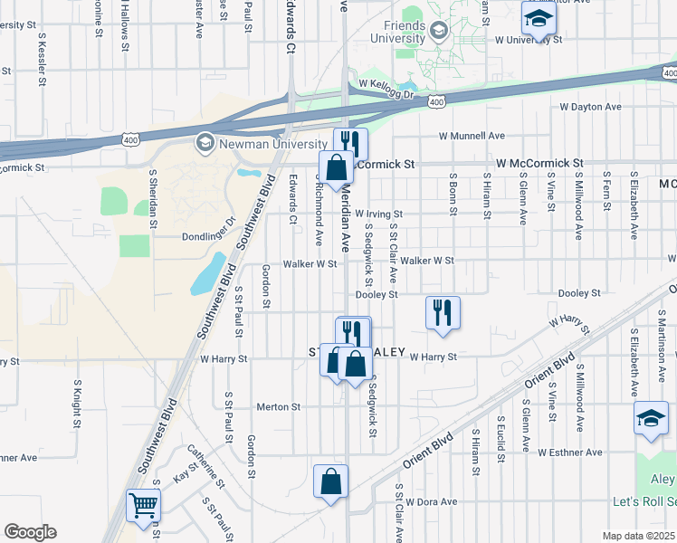 map of restaurants, bars, coffee shops, grocery stores, and more near 2451-2499 Walker West Street in Wichita