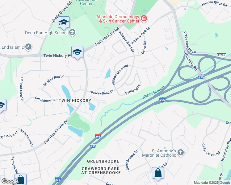 map of restaurants, bars, coffee shops, grocery stores, and more near 801 Parkland Place in Glen Allen