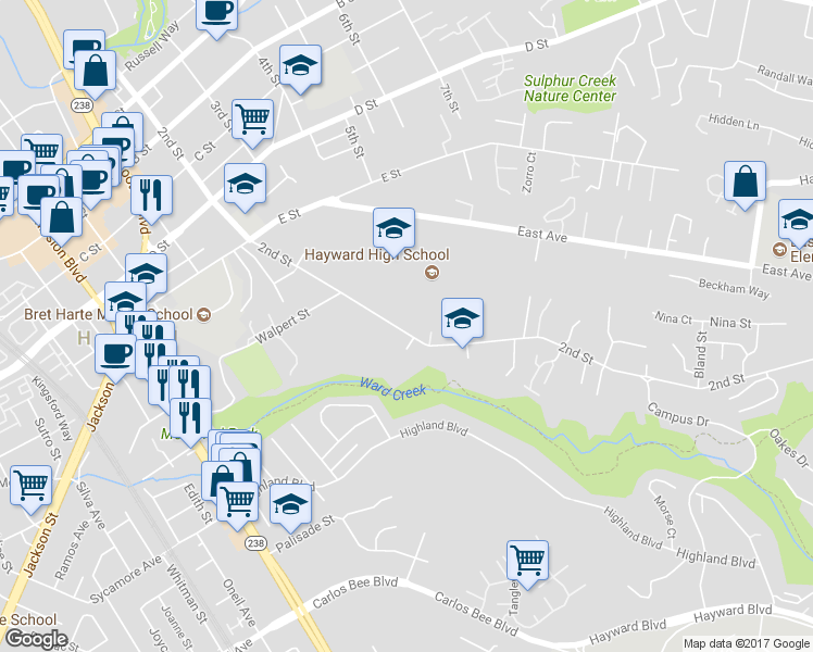 map of restaurants, bars, coffee shops, grocery stores, and more near 24336 2nd Street in Hayward