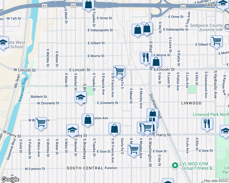 map of restaurants, bars, coffee shops, grocery stores, and more near 1305 Saint Francis in Wichita
