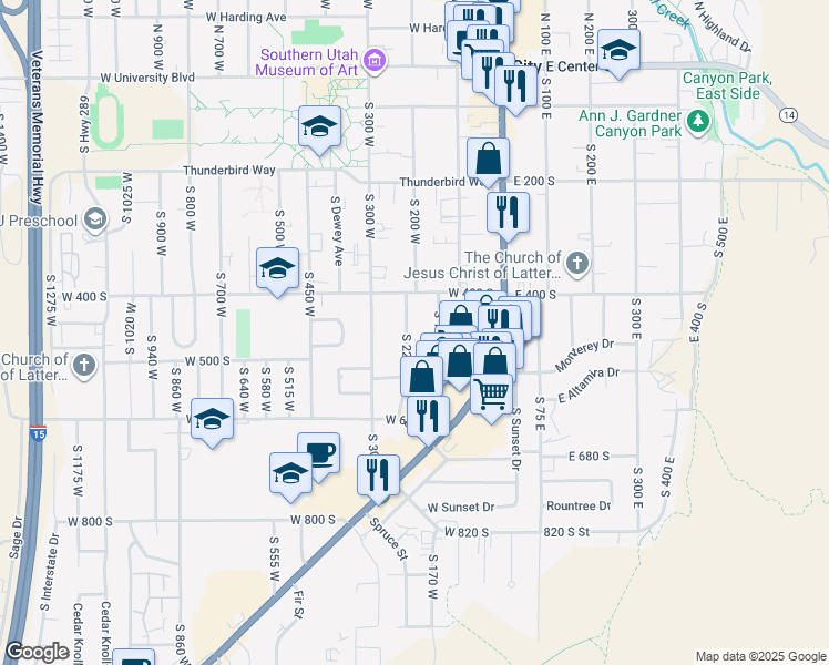 map of restaurants, bars, coffee shops, grocery stores, and more near 446 South 225 West in Cedar City