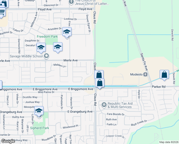 map of restaurants, bars, coffee shops, grocery stores, and more near 1713 Thomas Court in Modesto