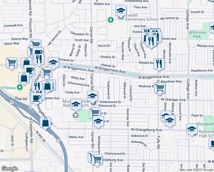 map of restaurants, bars, coffee shops, grocery stores, and more near 1705 Teakwood Drive in Modesto