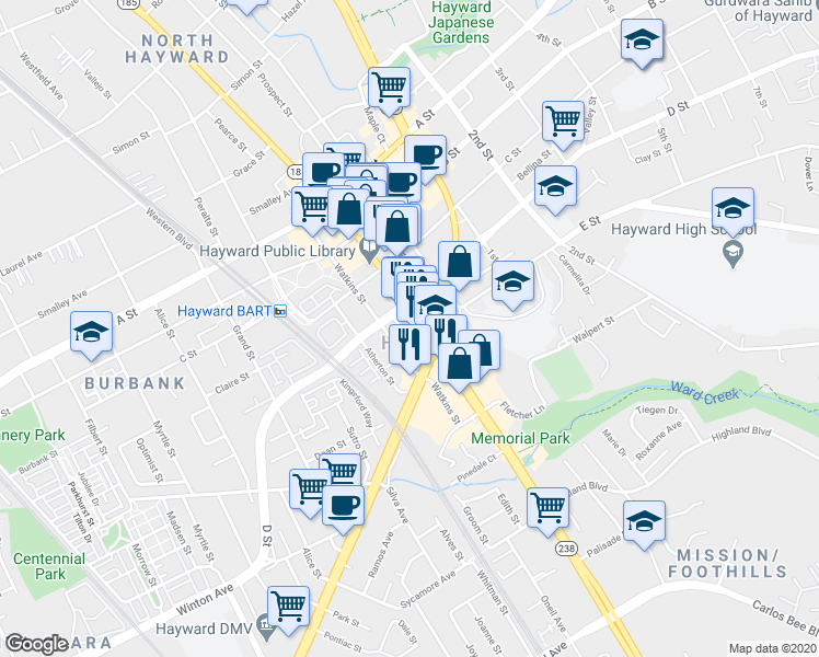 map of restaurants, bars, coffee shops, grocery stores, and more near 22821 California 185 in Hayward