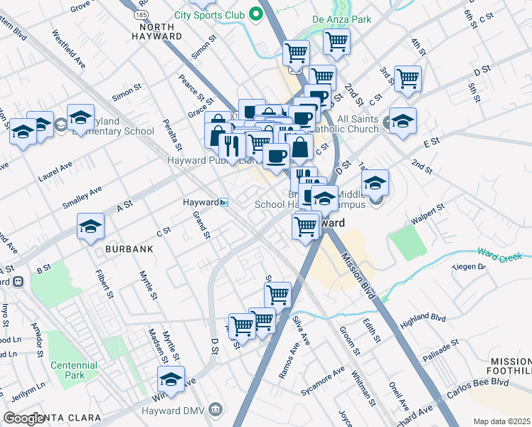 map of restaurants, bars, coffee shops, grocery stores, and more near 610 Atherton Place in Hayward