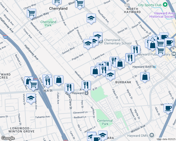 map of restaurants, bars, coffee shops, grocery stores, and more near 266 Smalley Avenue in Hayward