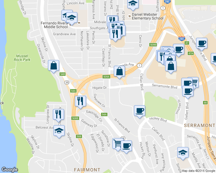 map of restaurants, bars, coffee shops, grocery stores, and more near 195 Castillejo Drive in Daly City
