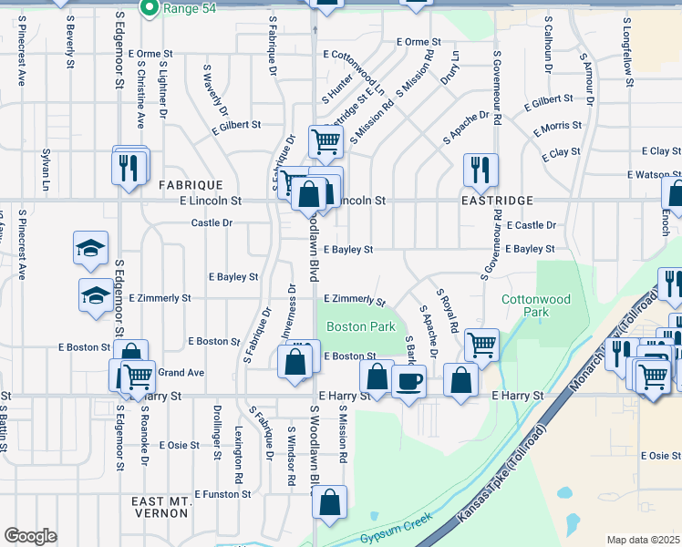 map of restaurants, bars, coffee shops, grocery stores, and more near 1000 South Woodlawn Boulevard in Wichita