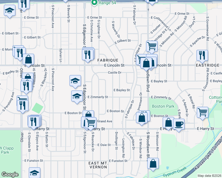 map of restaurants, bars, coffee shops, grocery stores, and more near 1021 South Waverly Street in Wichita
