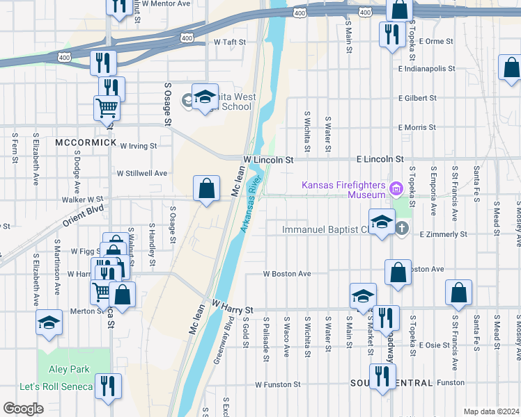 map of restaurants, bars, coffee shops, grocery stores, and more near 1319 South Palisade Street in Wichita