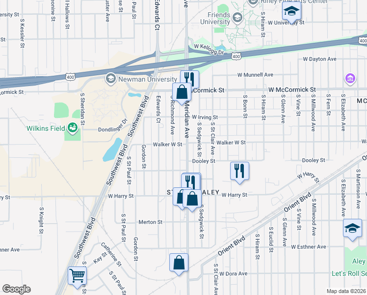 map of restaurants, bars, coffee shops, grocery stores, and more near 2451-2499 Walker West Street in Wichita