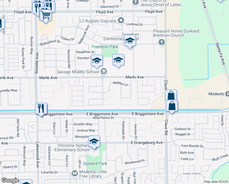 map of restaurants, bars, coffee shops, grocery stores, and more near 3624 Will Scarlet Court in Modesto