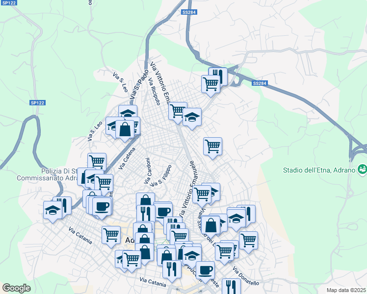 map of restaurants, bars, coffee shops, grocery stores, and more near 270 Via Vittorio Emanuele in Adrano
