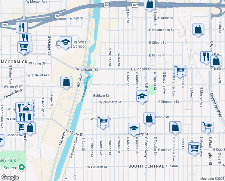 map of restaurants, bars, coffee shops, grocery stores, and more near 1305 South Wichita Street in Wichita