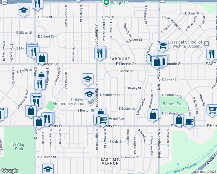 map of restaurants, bars, coffee shops, grocery stores, and more near 1026 Pineridge Street in Wichita
