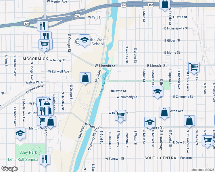 map of restaurants, bars, coffee shops, grocery stores, and more near 1319 South Palisade Street in Wichita