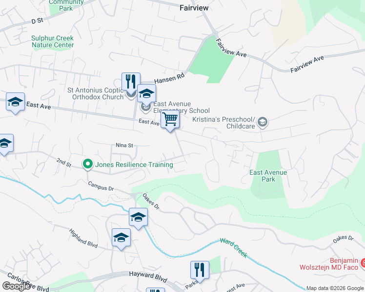 map of restaurants, bars, coffee shops, grocery stores, and more near 25256 Windfeldt Road in Hayward