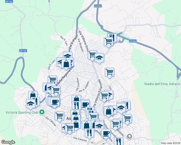 map of restaurants, bars, coffee shops, grocery stores, and more near 8 Via Isonzo in Adrano