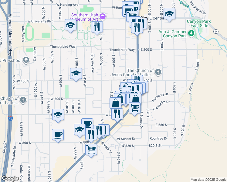 map of restaurants, bars, coffee shops, grocery stores, and more near 446 South 225 West in Cedar City