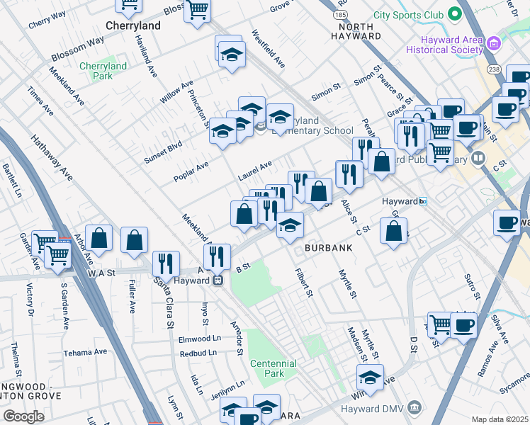 map of restaurants, bars, coffee shops, grocery stores, and more near 316 Smalley Avenue in Hayward