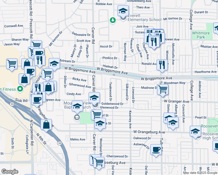 map of restaurants, bars, coffee shops, grocery stores, and more near 1705 Teakwood Drive in Modesto