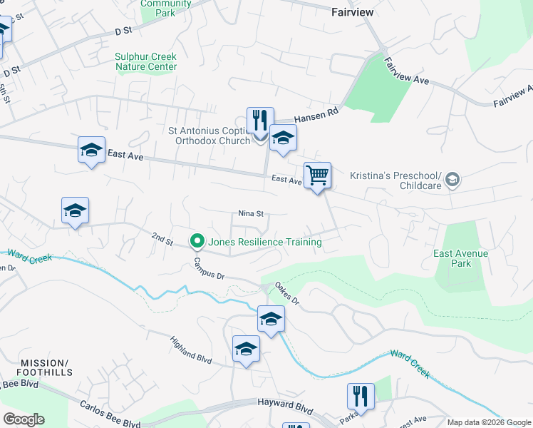 map of restaurants, bars, coffee shops, grocery stores, and more near Nina Street in Hayward