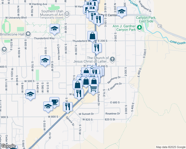 map of restaurants, bars, coffee shops, grocery stores, and more near 434 South Main Street in Cedar City