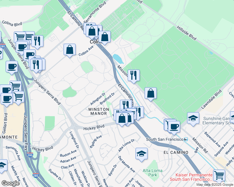 map of restaurants, bars, coffee shops, grocery stores, and more near in South San Francisco