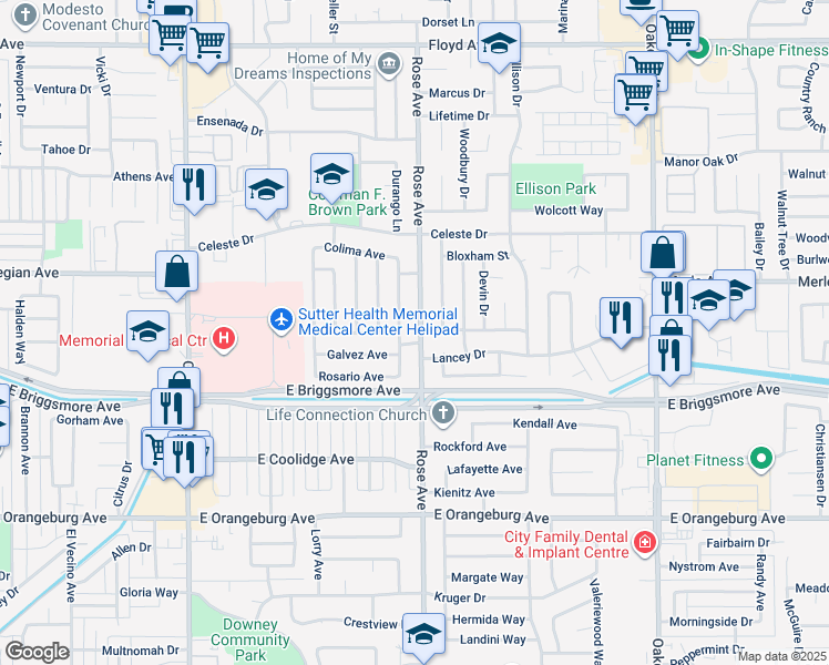 map of restaurants, bars, coffee shops, grocery stores, and more near 1721 Rose Avenue in Modesto