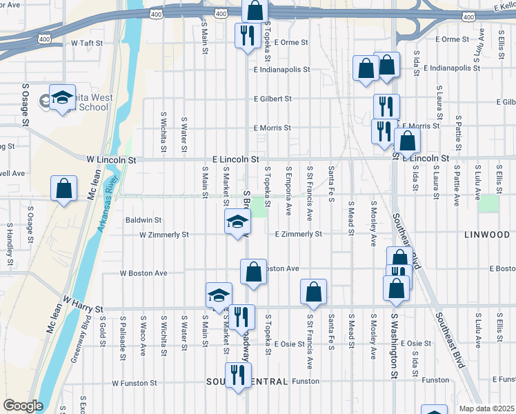 map of restaurants, bars, coffee shops, grocery stores, and more near 1300 South Broadway in Wichita