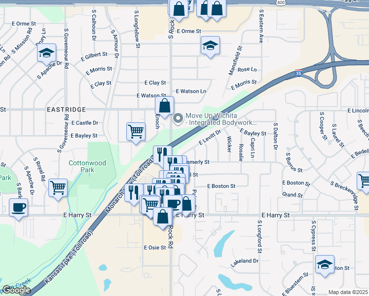 map of restaurants, bars, coffee shops, grocery stores, and more near 8018 East Levitt Drive in Wichita