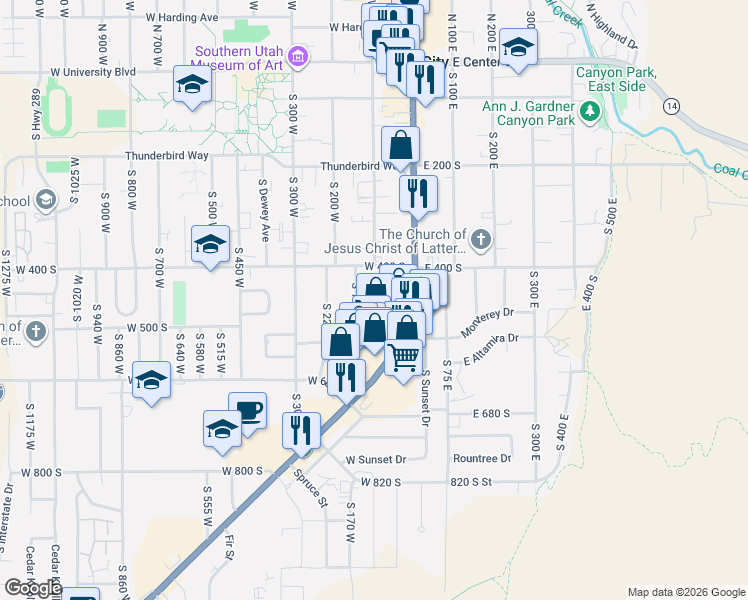 map of restaurants, bars, coffee shops, grocery stores, and more near 468 South 75 West in Cedar City