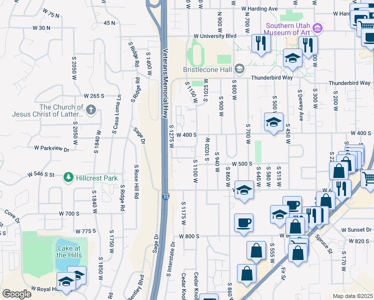 map of restaurants, bars, coffee shops, grocery stores, and more near 1163 West 425 South in Cedar City